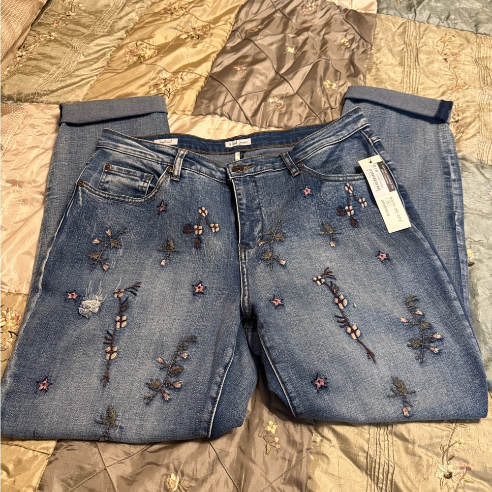 Tribal Blue Straight Cuffed Leg Jeans with Distressed Details